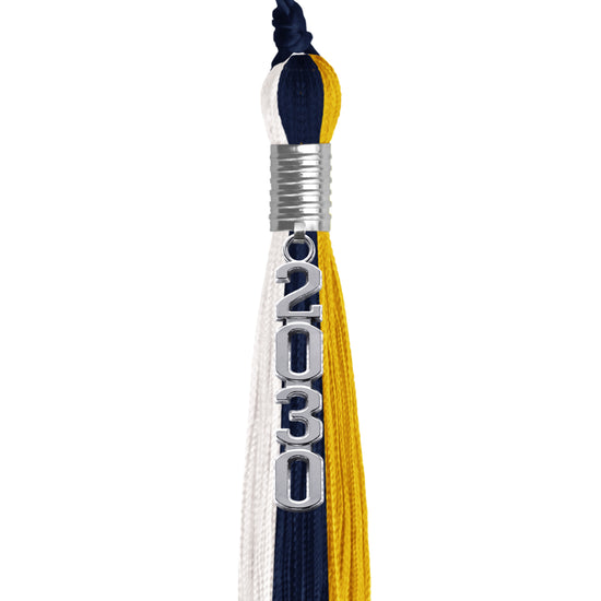 Navy Blue/Gold/White Graduation Tassel with Silver Stacked Date Drop by Wholesale Grad Supply