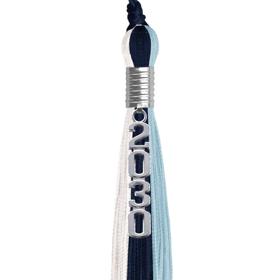 Navy Blue/Light Blue/White Graduation Tassel with Silver Stacked Date Drop by Wholesale Grad Supply