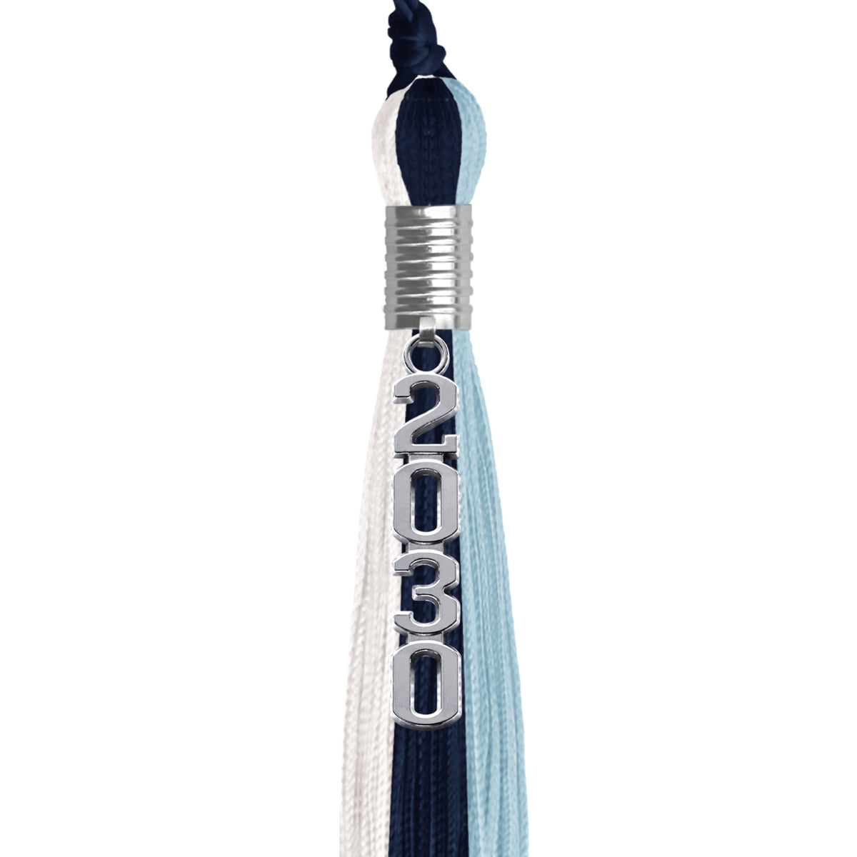 Navy Blue/Light Blue/White Graduation Tassel with Silver Stacked Date Drop by Wholesale Grad Supply