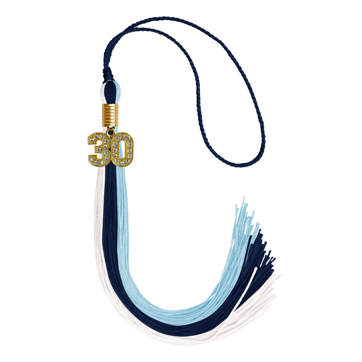 Navy Blue/Light Blue/White Graduation Tassel with Gold Bling Charm by Wholesale Grad Supply