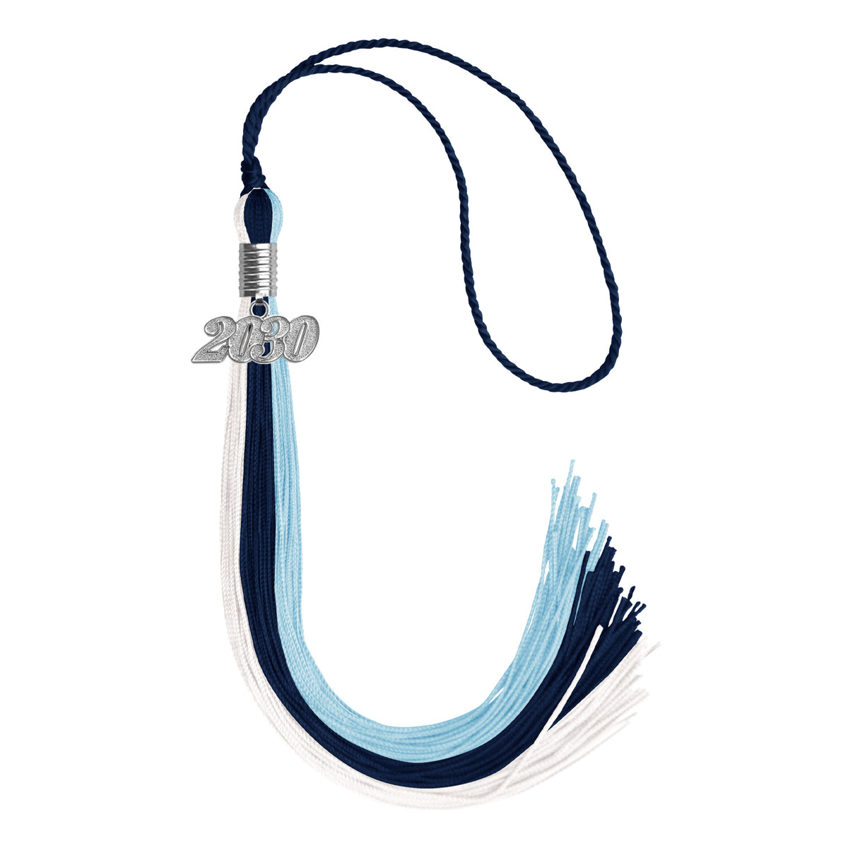 Dark Navy Blue/Light Blue/White Graduation Tassel with Silver Date Drop by Wholesale Grad Supply