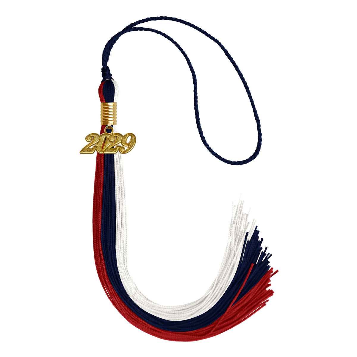 Dark Navy Blue/Red/White Graduation Tassel with Gold Date Drop by Wholesale Grad Supply