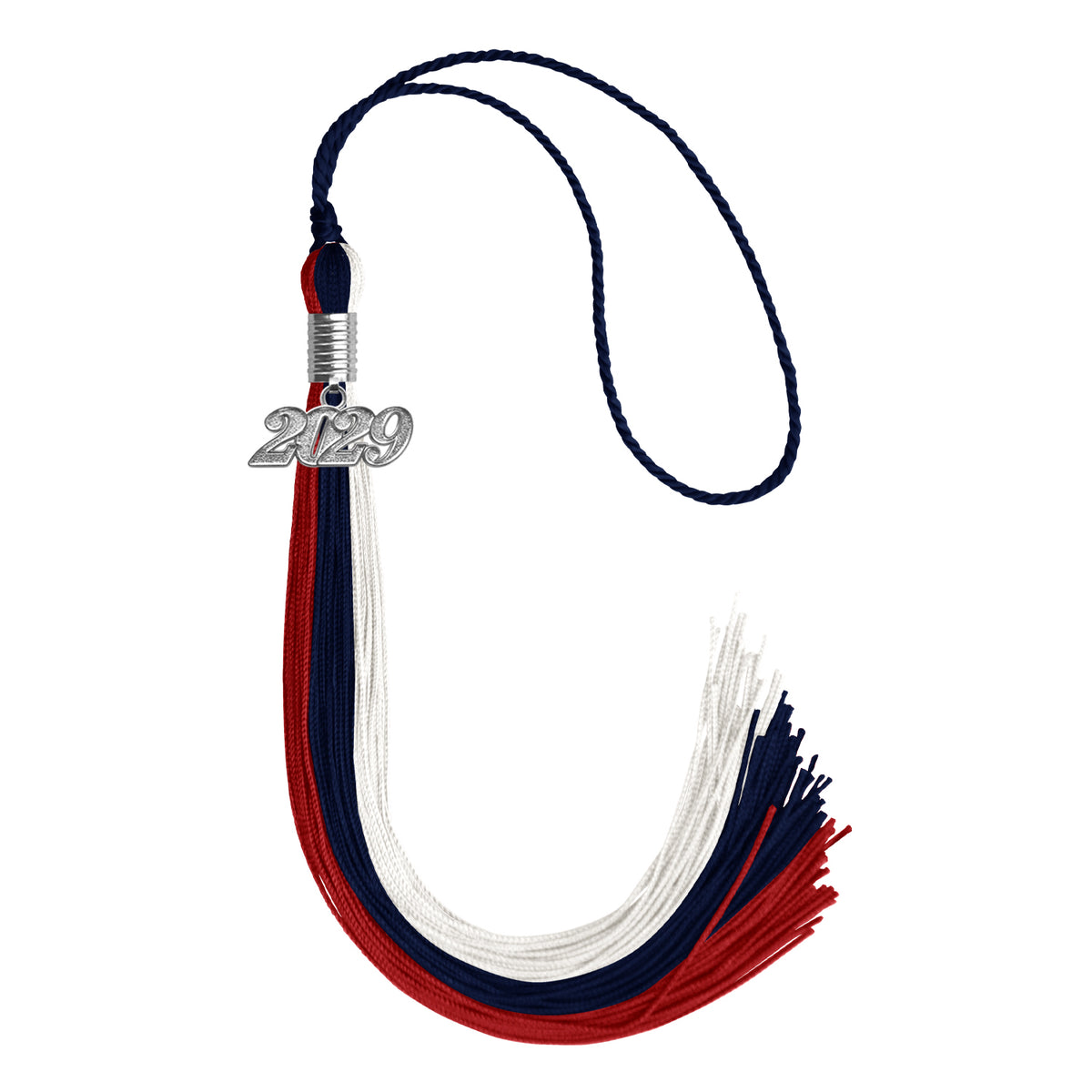 Dark Navy Blue/Red/White Graduation Tassel with Silver Date Drop by Wholesale Grad Supply