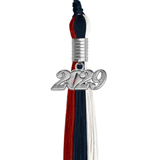 Dark Navy Blue/Red/White Graduation Tassel with Silver Date Drop by Wholesale Grad Supply