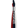 Dark Navy Blue/Red/White Graduation Tassel with Silver Stacked Date Drop by Wholesale Grad Supply