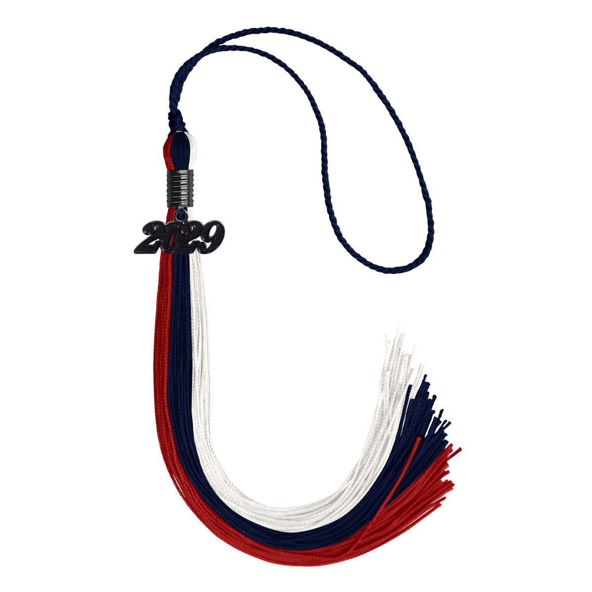 Dark Navy Blue/Red/White Graduation Tassel with Black Date Drop by Wholesale Grad Supply