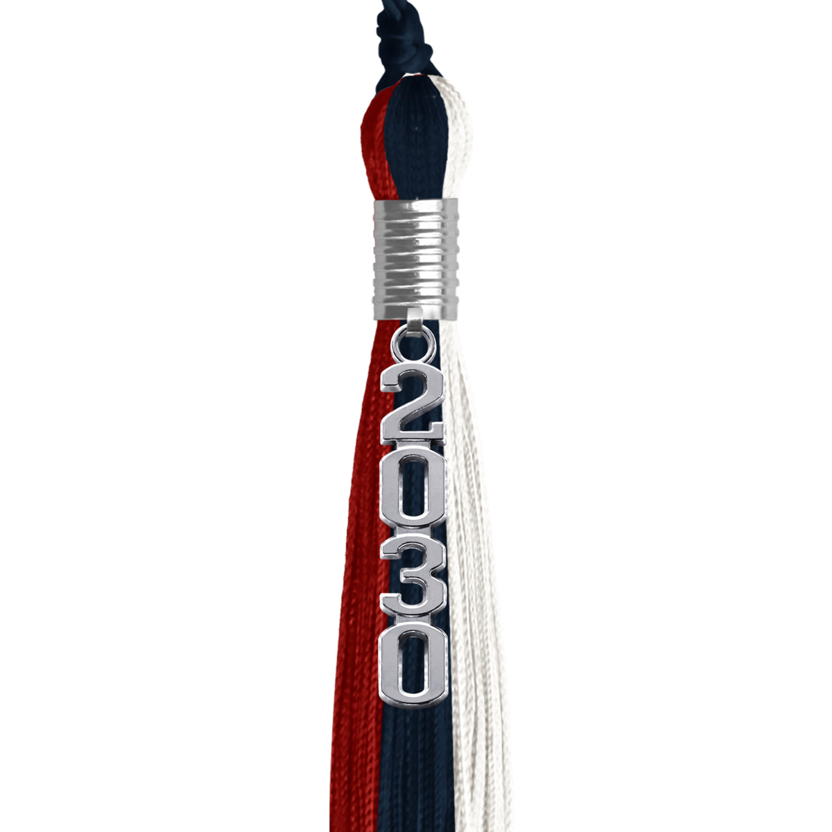 Dark Navy Blue/Red/White Graduation Tassel with Silver Stacked Date Drop by Wholesale Grad Supply