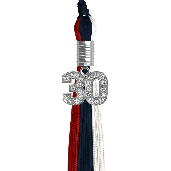Dark Navy Blue/Red/White Graduation Tassel with Silver Bling Charm by Wholesale Grad Supply