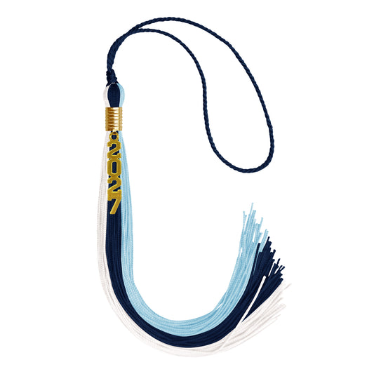 Navy Blue/Light Blue/White Graduation Tassel with Gold Stacked Date Drop by Wholesale Grad Supply