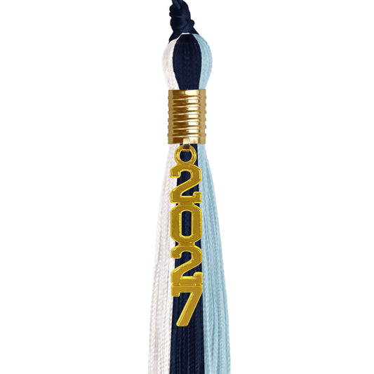 Navy Blue/Light Blue/White Graduation Tassel with Gold Stacked Date Drop by Wholesale Grad Supply