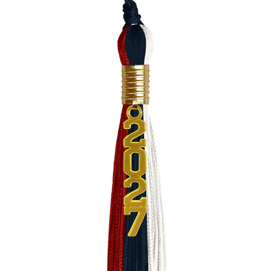 Dark Navy Blue/Red/White Graduation Tassel with Gold Stacked Date Drop by Wholesale Grad Supply
