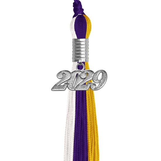 Purple/Gold/White Graduation Tassel with Silver Date Drop by Wholesale Grad Supply