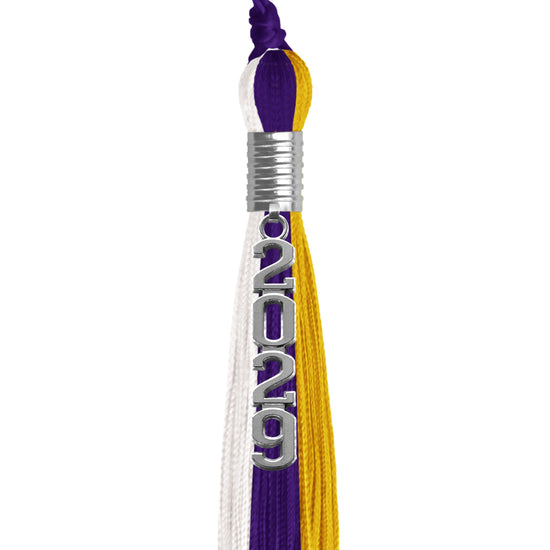 Purple/Gold/White Graduation Tassel with Silver Stacked Date Drop by Wholesale Grad Supply
