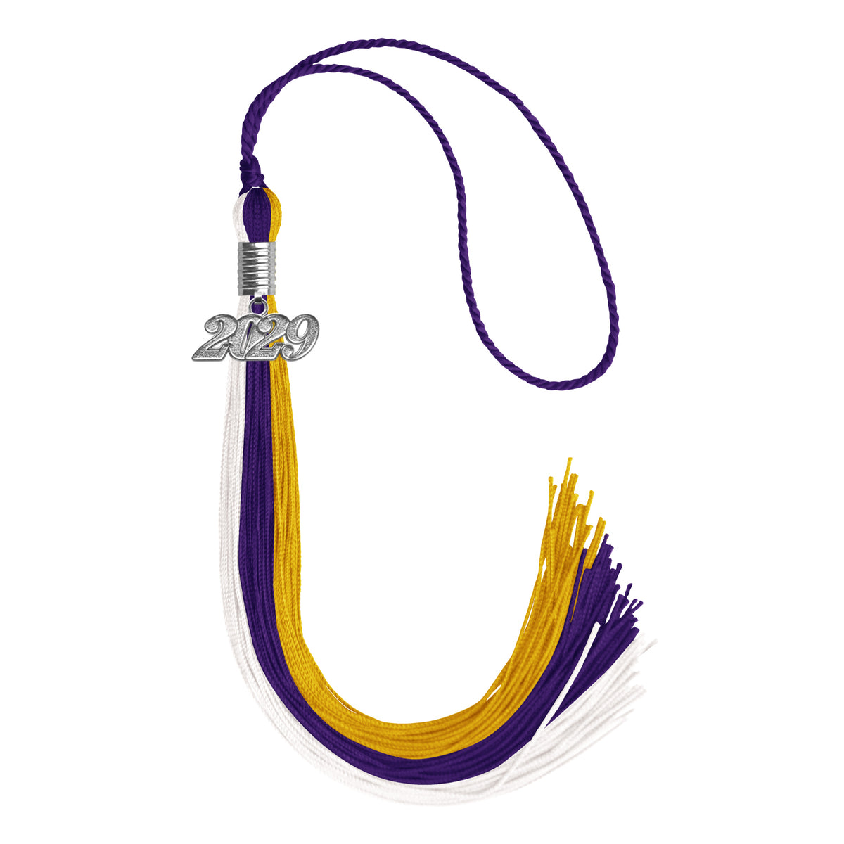 Purple/Gold/White Graduation Tassel with Silver Date Drop by Wholesale Grad Supply