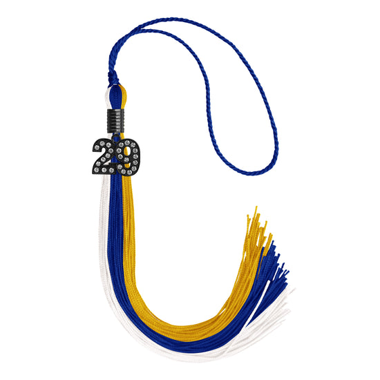 Royal Blue/Gold/White Graduation Tassel with Black Bling Charm by Wholesale Grad Supply