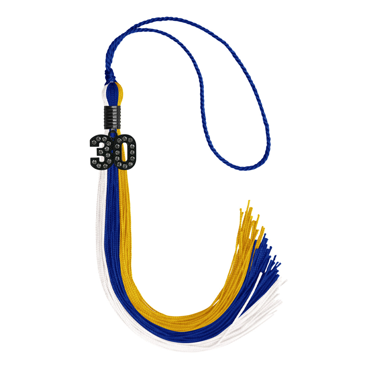 Royal Blue/Gold/White Graduation Tassel with Black Bling Charm by Wholesale Grad Supply