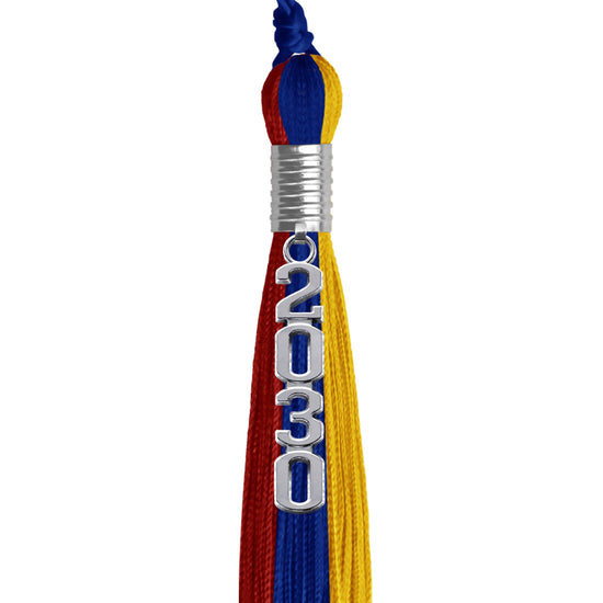 Royal Blue/Red/Gold Graduation Tassel with Silver Stacked Date Drop by Wholesale Grad Supply