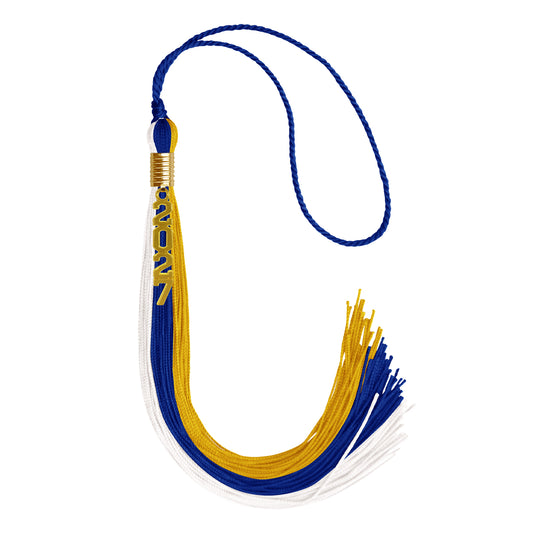 Royal Blue/Gold/White Graduation Tassel with Gold Stacked Date Drop by Wholesale Grad Supply