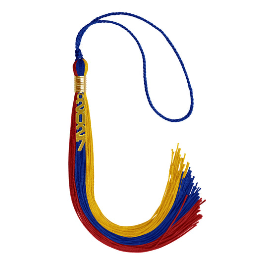 Royal Blue/Red/Gold Graduation Tassel with Gold Stacked Date Drop by Wholesale Grad Supply
