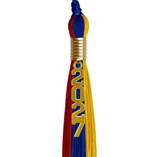 Royal Blue/Red/Gold Graduation Tassel with Gold Stacked Date Drop by Wholesale Grad Supply