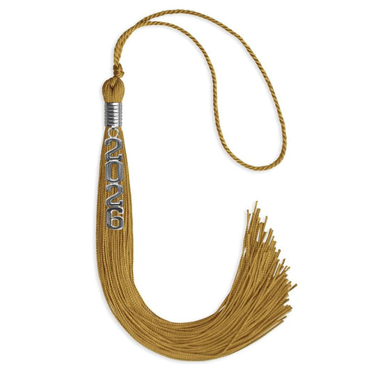 Antique Gold Graduation Tassel with Silver Stacked Date Drop by Wholesale Grad Supply