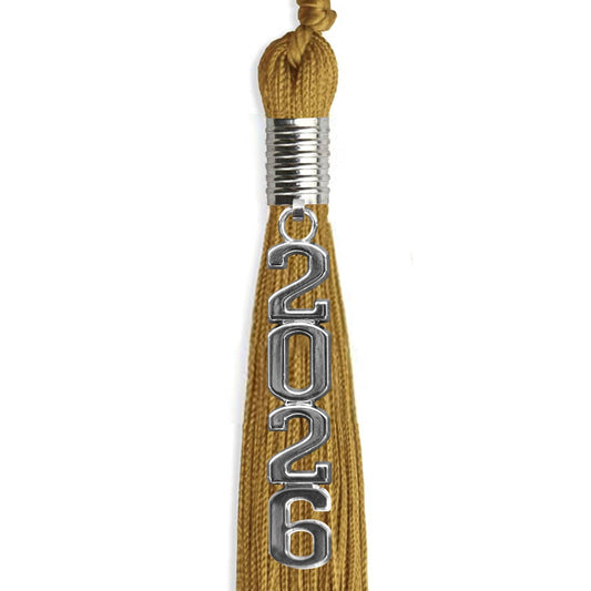 Antique Gold Graduation Tassel with Silver Stacked Date Drop by Wholesale Grad Supply