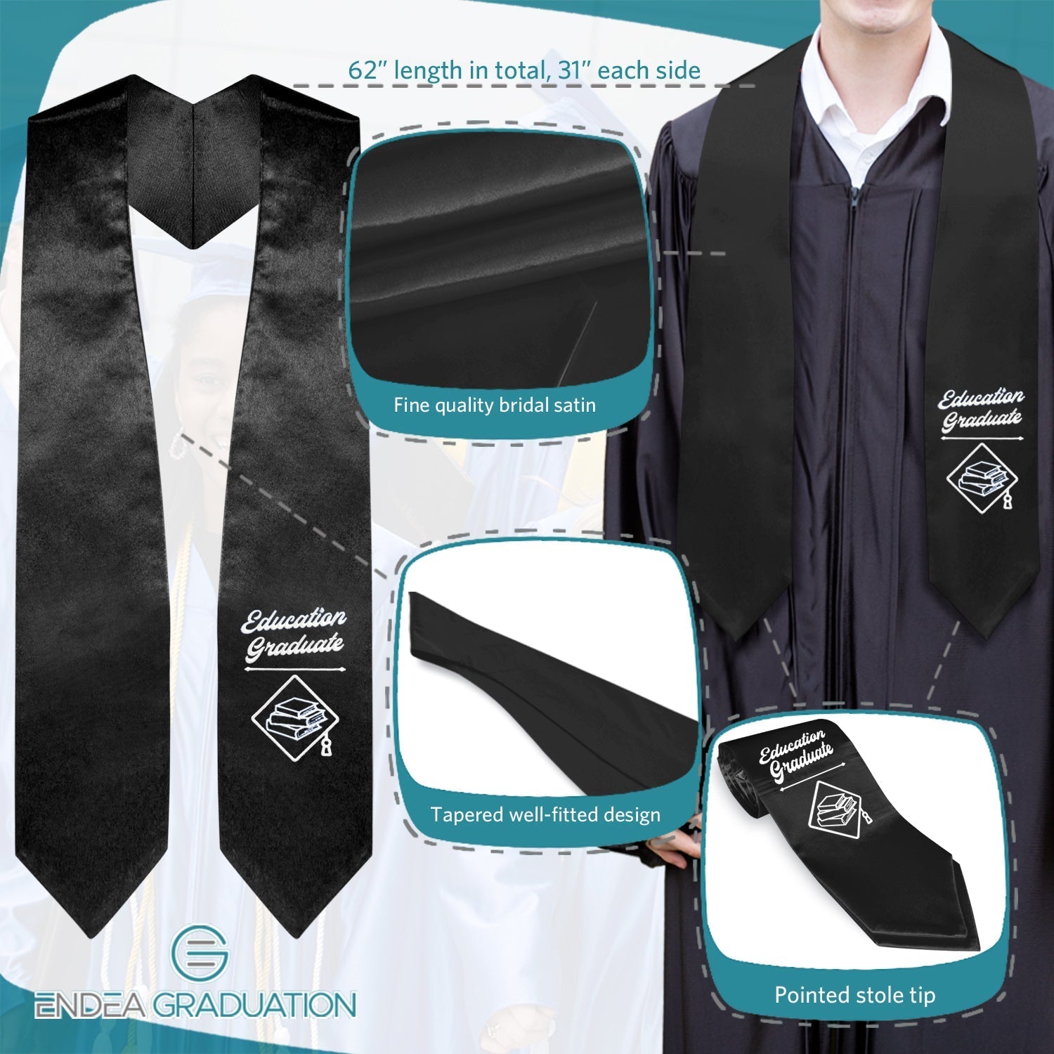 Black Education Graduate Stole/Sash with Classic Tips by Wholesale Grad Supply