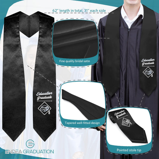 Black Education Graduate Stole/Sash with Classic Tips by Wholesale Grad Supply