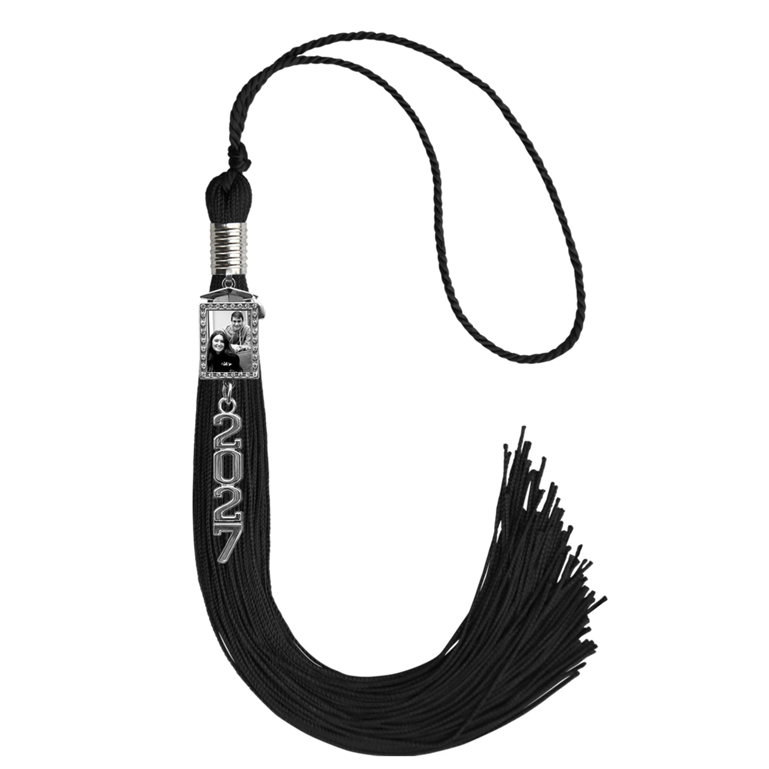 Black Tassel with Photo Frame Charm and Stacked Date Drop by Wholesale Grad Supply