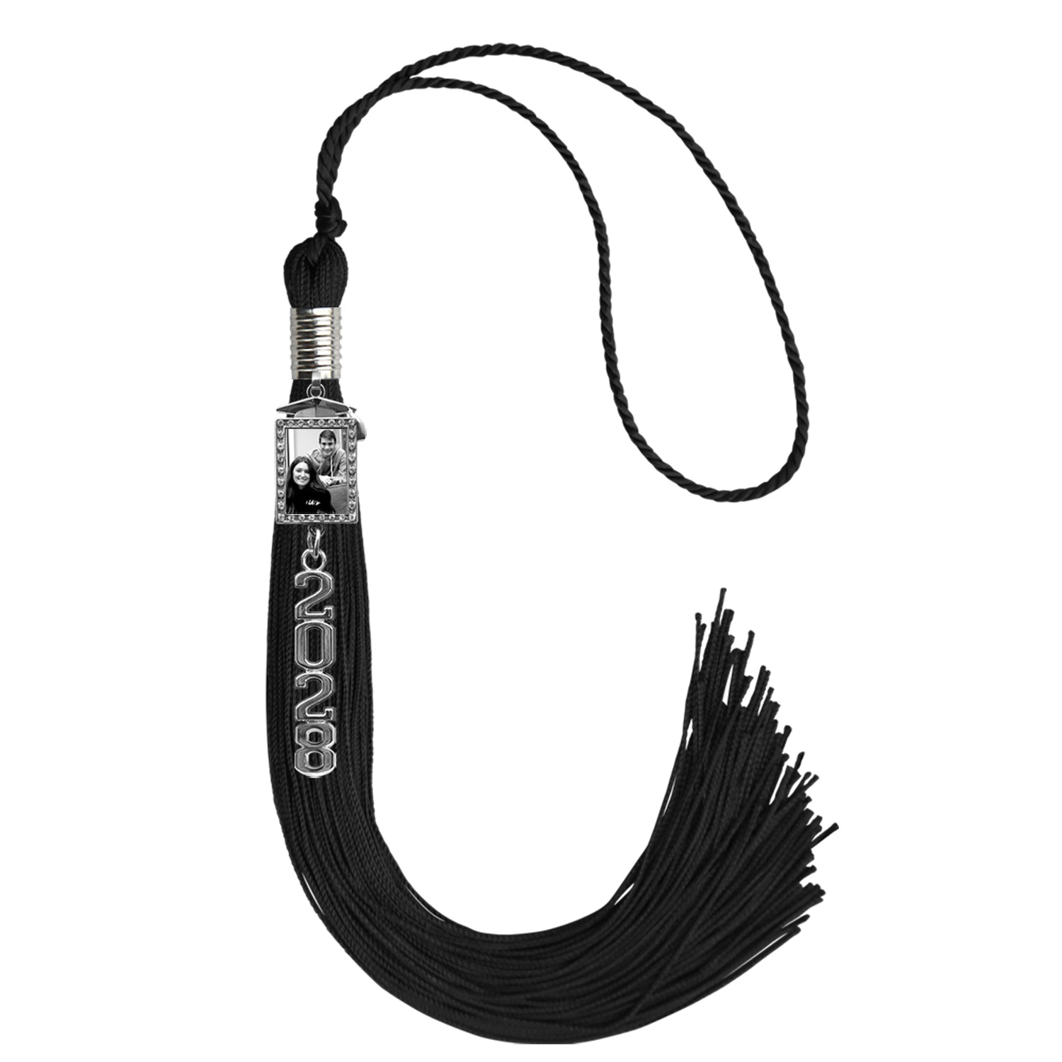 Black Tassel with Photo Frame Charm and Stacked Date Drop by Wholesale Grad Supply