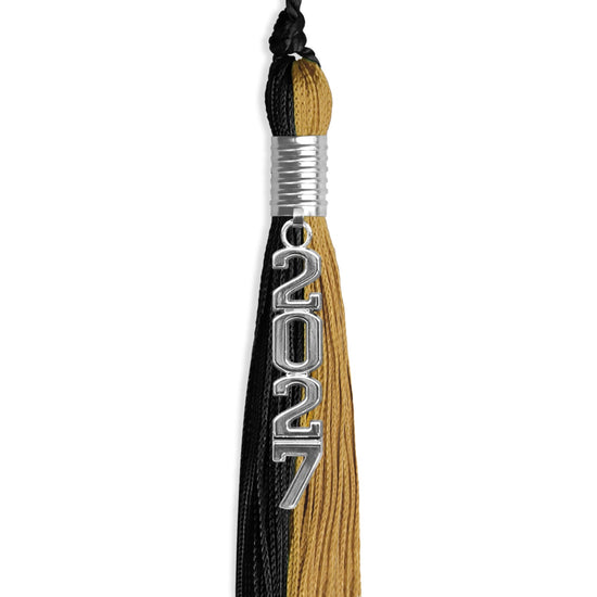 Black/Antique Gold Graduation Tassel with Silver Stacked Date Drop by Wholesale Grad Supply