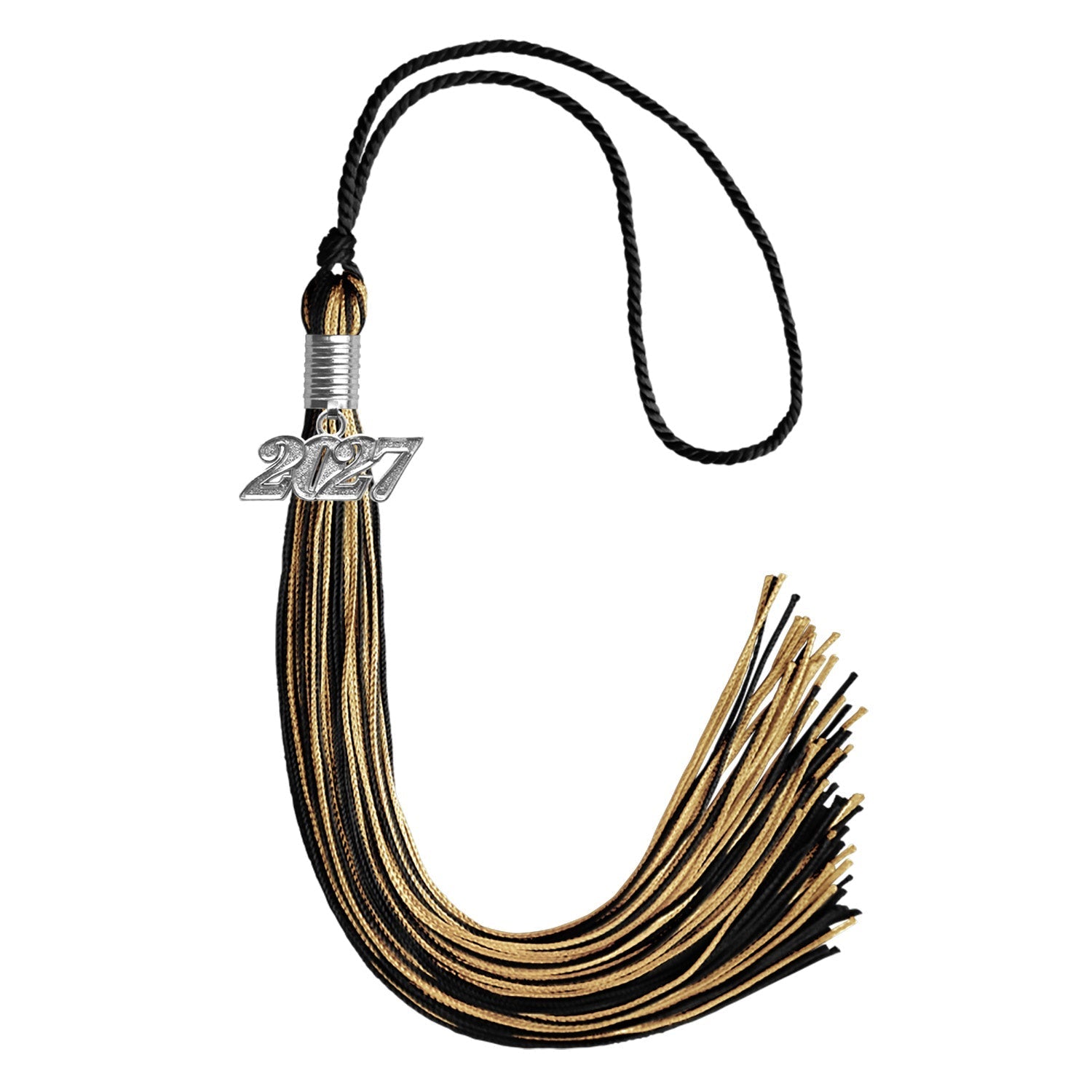 Black/Antique Gold Mixed Color Graduation Tassel with Silver Bling Charm by Wholesale Grad Supply