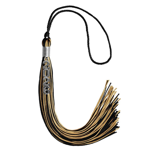 Black/Antique Gold Mixed Color Graduation Tassel with Stacked Silver Date Drop by Wholesale Grad Supply