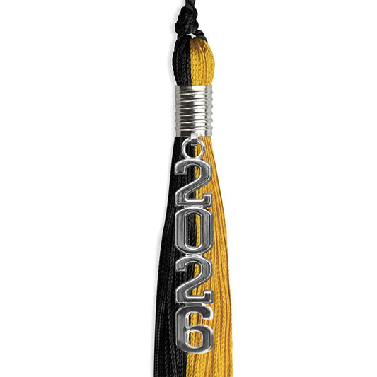 Black/Bright Gold Graduation Tassel with Silver Stacked Date Drop by Wholesale Grad Supply