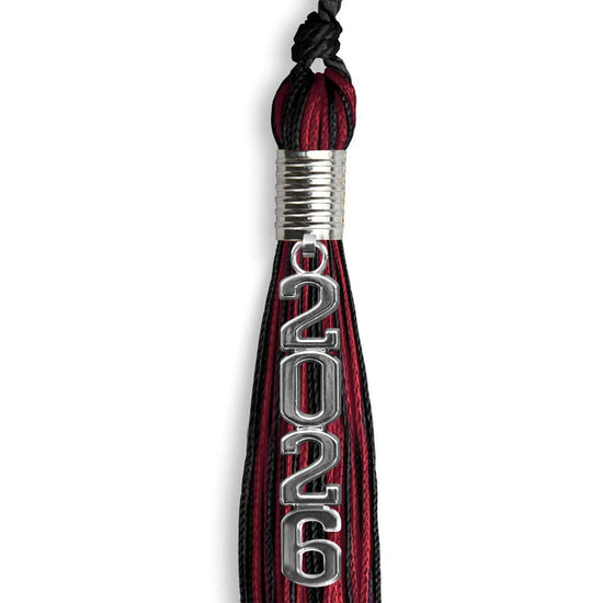 Black/Cardinal Mixed Color Graduation Tassel with Stacked Silver Date Drop by Wholesale Grad Supply