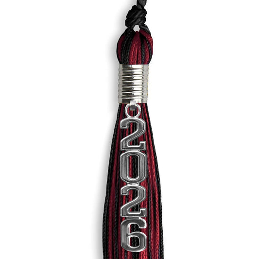 Black/Cardinal Mixed Color Graduation Tassel with Stacked Silver Date Drop by Wholesale Grad Supply