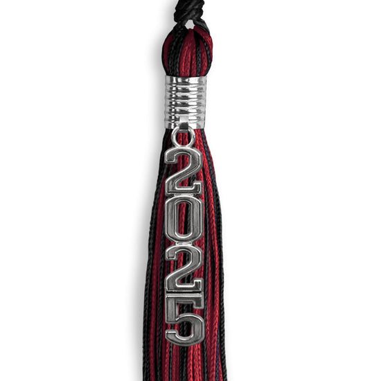 Black/Cardinal Mixed Color Graduation Tassel with Stacked Silver Date Drop by Wholesale Grad Supply