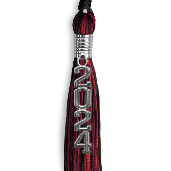 Black/Cardinal Mixed Color Graduation Tassel with Stacked Silver Date Drop by Wholesale Grad Supply