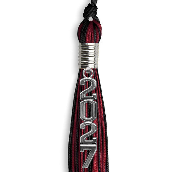 Black/Cardinal Mixed Color Graduation Tassel with Stacked Silver Date Drop by Wholesale Grad Supply