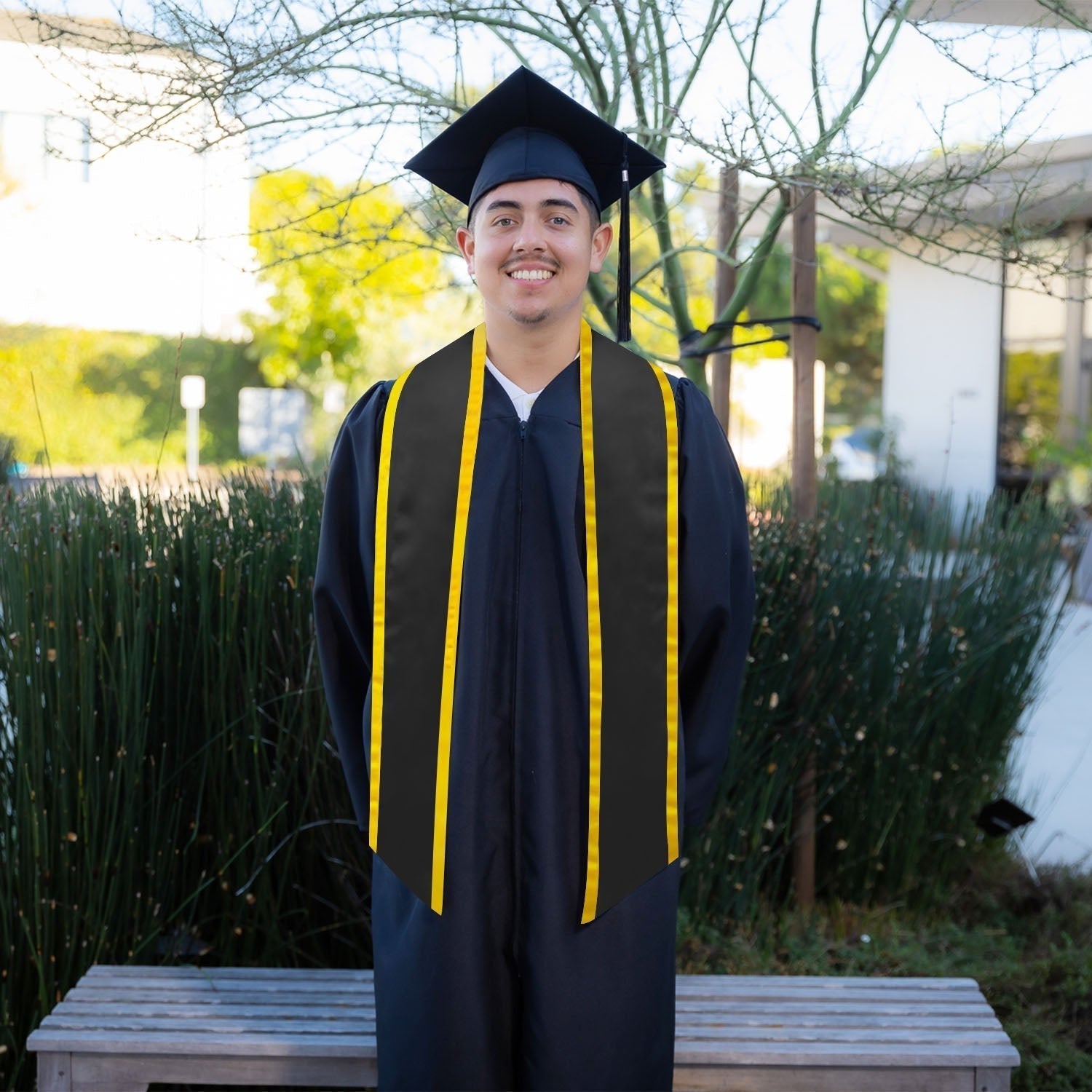 Black/Gold Plain Graduation Stole with Trim Color & Angled End by Wholesale Grad Supply