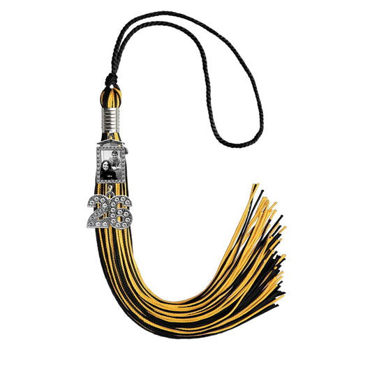 Black/Gold Tassel with Photo Frame Charm and Bling Charm by Wholesale Grad Supply