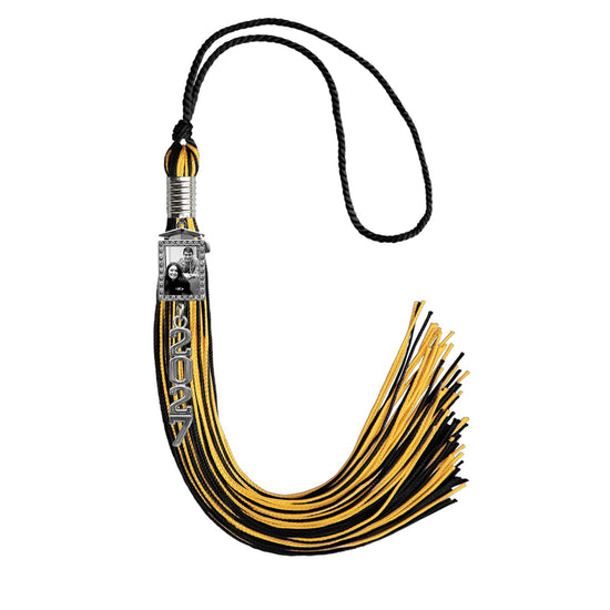 Black/Gold Tassel with Photo Frame Charm and Stacked Date Drop by Wholesale Grad Supply