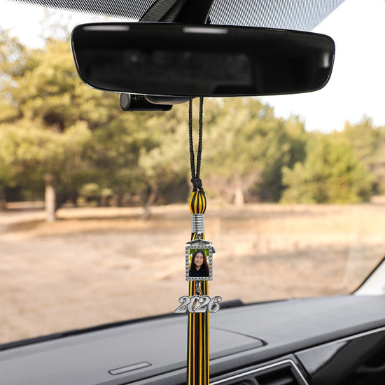 Black/Gold Tassel with Photo Frame Charm and Year Date Drop by Wholesale Grad Supply