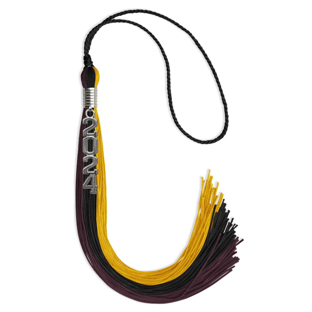 Black/Gold/Maroon Graduation Tassel with Silver Stacked Date Drop by Wholesale Grad Supply