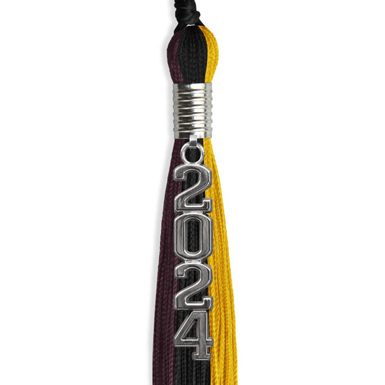 Black/Gold/Maroon Graduation Tassel with Silver Stacked Date Drop by Wholesale Grad Supply
