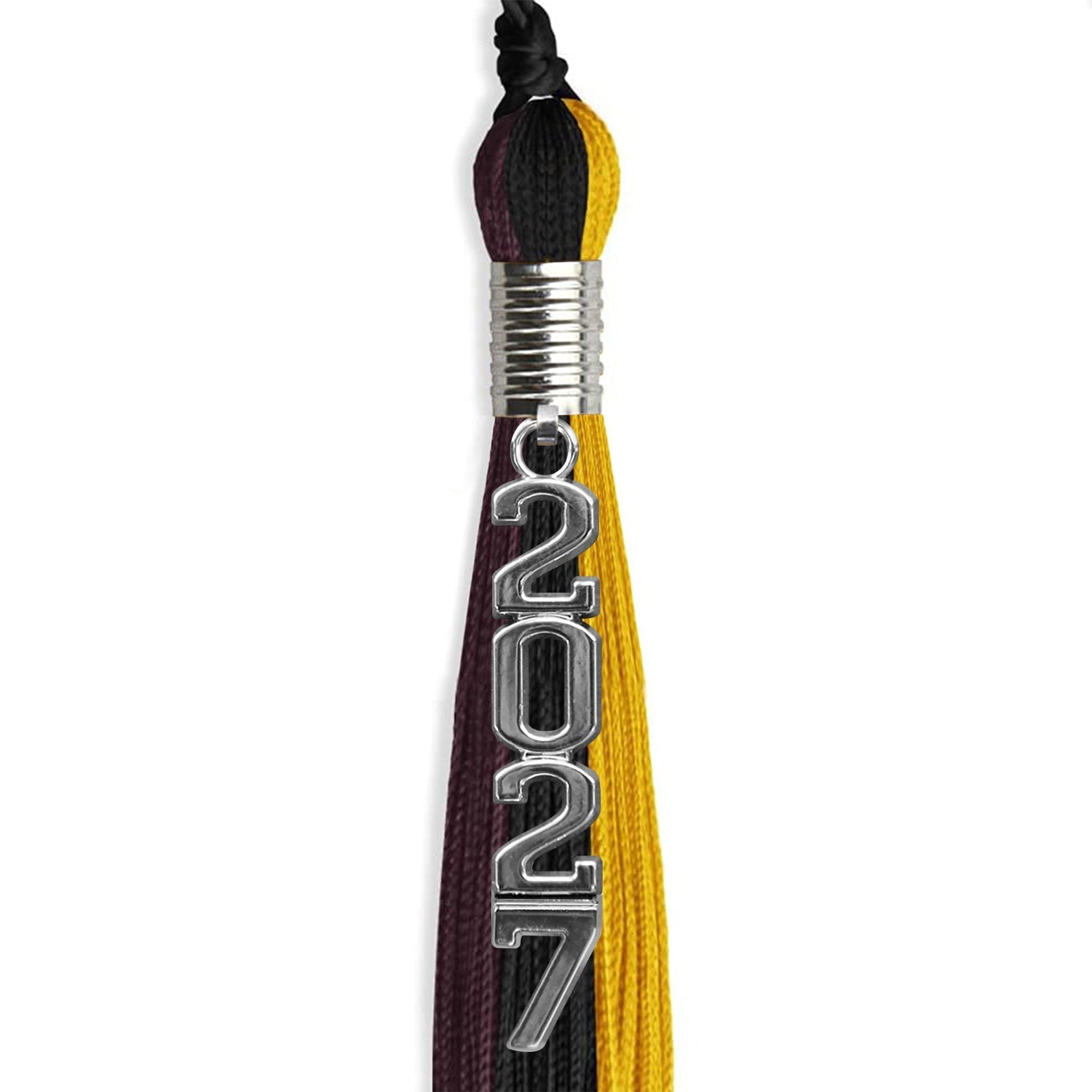 Black/Gold/Maroon Graduation Tassel with Silver Stacked Date Drop by Wholesale Grad Supply