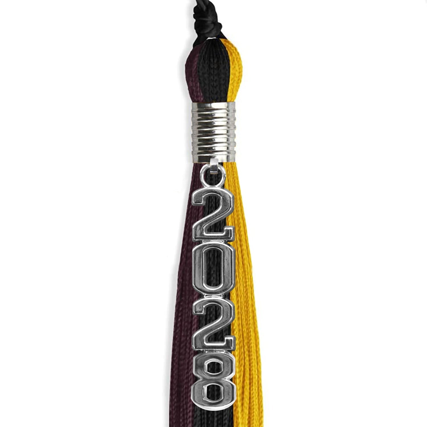 Black/Gold/Maroon Graduation Tassel with Silver Stacked Date Drop by Wholesale Grad Supply
