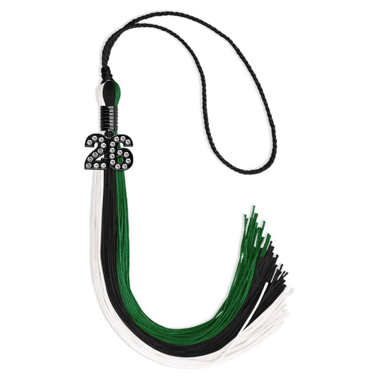 Black/Green/White Graduation Tassel with Black Bling Charm by Wholesale Grad Supply