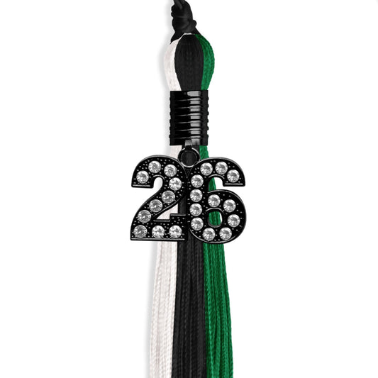 Black/Green/White Graduation Tassel with Black Bling Charm by Wholesale Grad Supply