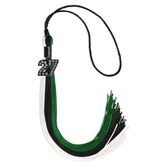 Black/Green/White Graduation Tassel with Black Bling Charm by Wholesale Grad Supply